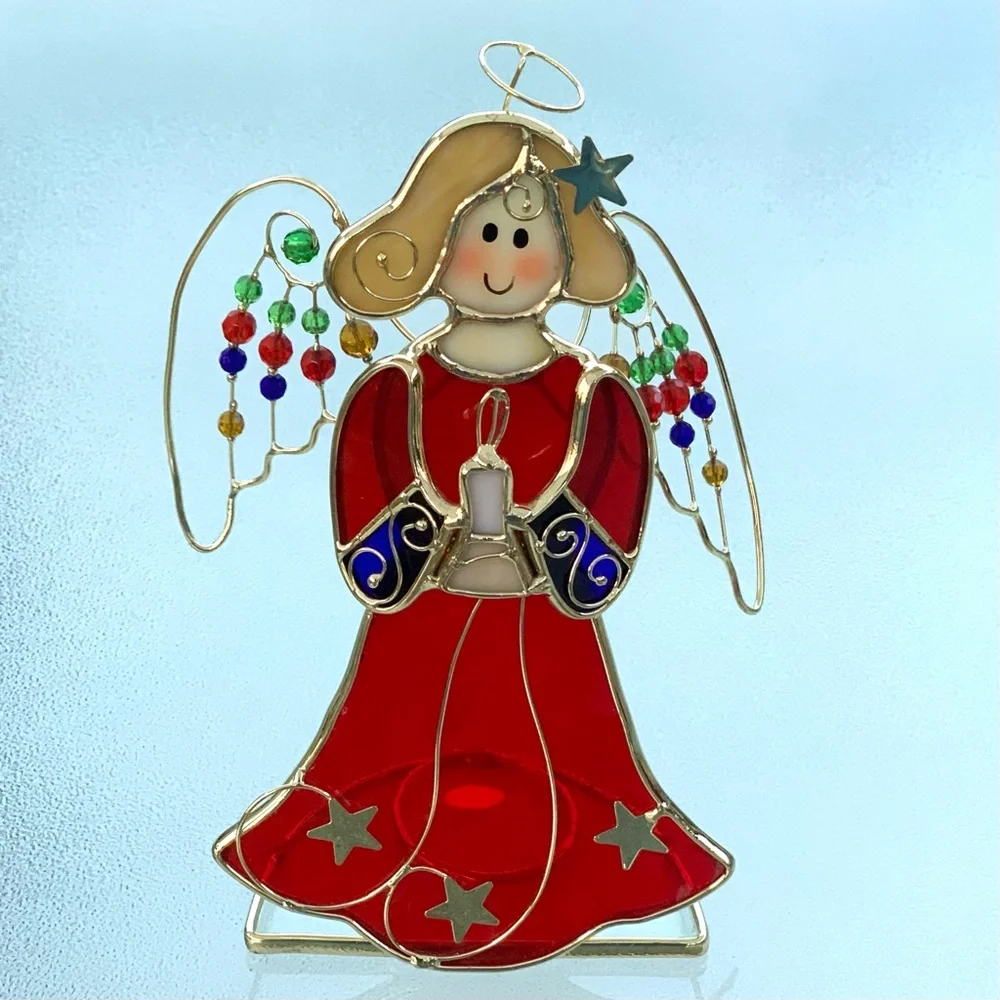 Stained Glass Angel Holiday Decor - Red and Gold